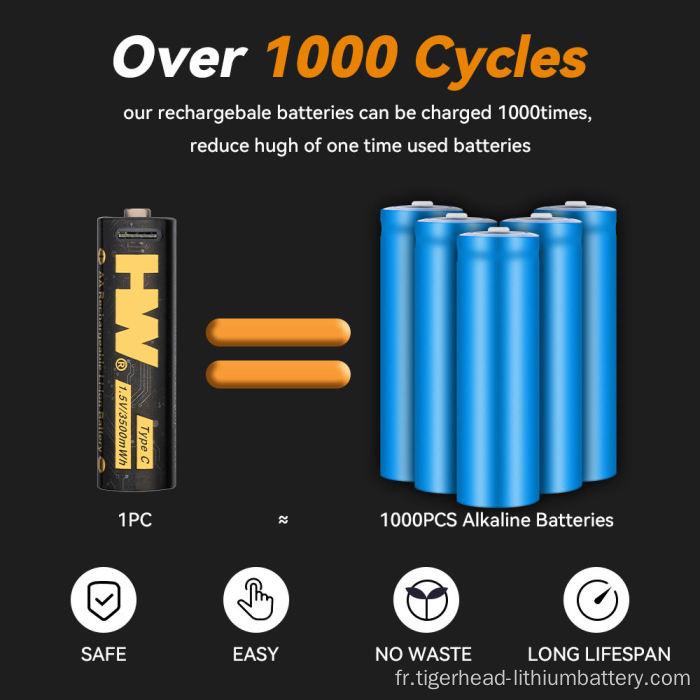 4 piles au lithium rechargeables USB-C 1,5 V AA 3500 mWh